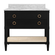 Worlds Away Bath Vanity - Matte Black Lacquer - Open Cane Shelf, White Marble Top, Porcelain Sink, And Antique Brass Ring Hardware