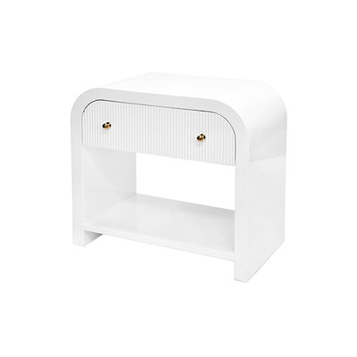 Worlds Away Waterfall Edge Side Table - Fluted Drawer Front - White Lacquer
