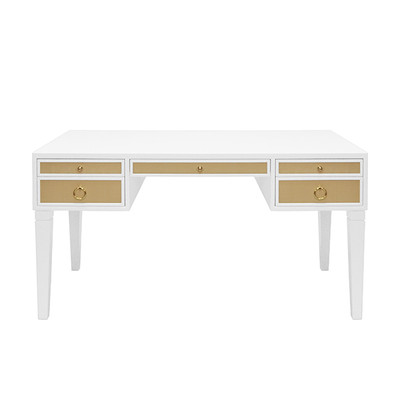 Worlds Away White Matte Lacquer Desk - Grasscloth Drawer - Brass Hardware