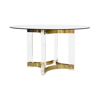 Worlds Away Acrylic Dining Table Base - Antique Brass Stretchers And 54" Dia Glass