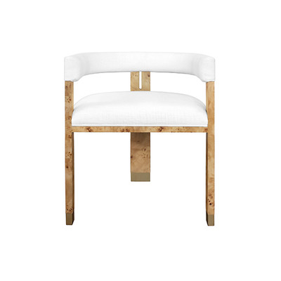 Worlds Away Modern Chair - Burl Wood - White Linen Upholstery