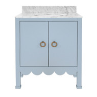 Worlds Away Bath Vanity - Scallop Detail - Matte Light Blue - White Marble Top And Porcelain Sink