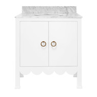Worlds Away Bath Vanity - Scallop Detail - Matte White Lacquer - White Marble Top And Porcelain Sink