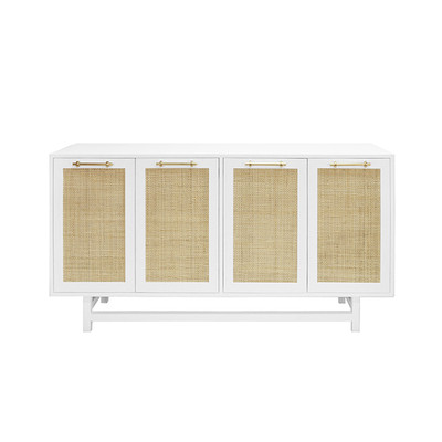 Worlds Away Four Door Cabinet - Cane Door Fronts And Brass Hardware - Matte White Lacquer