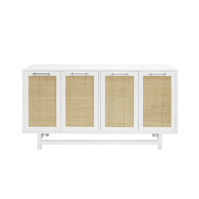 Worlds Away Four Door Cabinet - Cane Door Fronts And Nickel Hardware - Matte White Lacquer