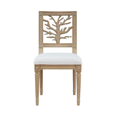 Worlds Away Coral Motif Back Dining Chair - White Linen Seat - Cerused Oak