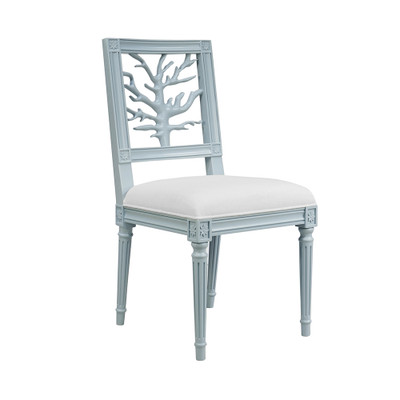Worlds Away Coral Motif Back Dining Chair - White Linen Seat - Matte Light Blue Lacquer