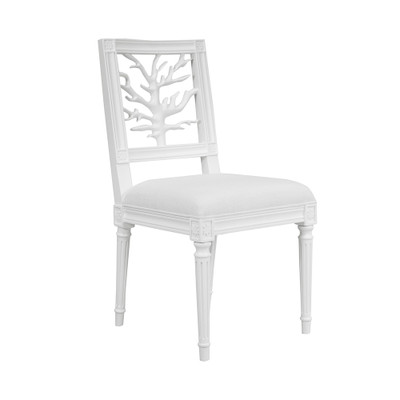 Worlds Away Coral Motif Back Dining Chair - White Linen Seat - Matte White Lacquer