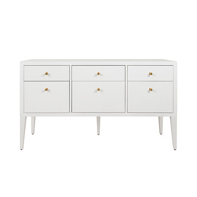 Worlds Away Fluted Six Drawer Buffet - Brass Knobs - Glossy White Lacquer