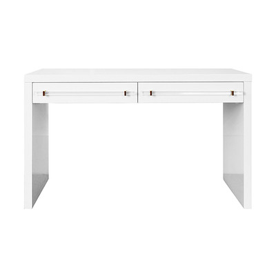 Worlds Away Waterfall Two Drawer Desk - Brass And Acrylic Hardware - White Lacquer
