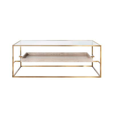 Worlds Away Glass Top Antique Brass Coffee Table - Floating Shelf - Cerused Oak