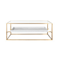 Worlds Away Glass Top Antique Brass Coffee Table - Floating Shelf - White Washed Oak