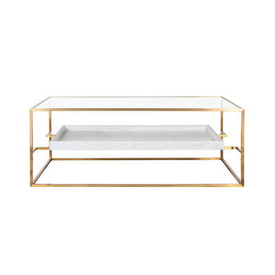 Worlds Away Glass Top Antique Brass Coffee Table - Floating Shelf - White Washed Oak