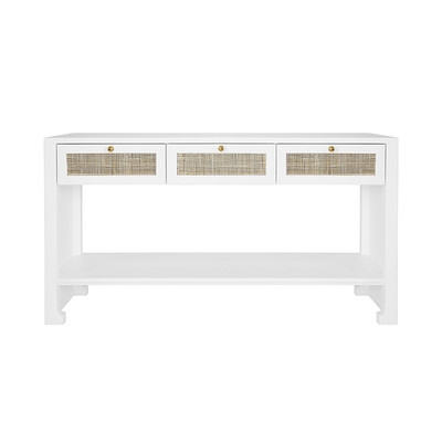Worlds Away Three Drawer Cane Console - Brass Hardware - Matte White Lacquer