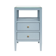 Worlds Away Two Drawer Side Table - Textured Light Blue Linen - Polished Brass Knobs