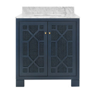 Worlds Away Bath Vanity - Matte Navy Lacquer - Cane Front Doors, White Marble Top, Porcelain Sink, And Polished Brass Knobs