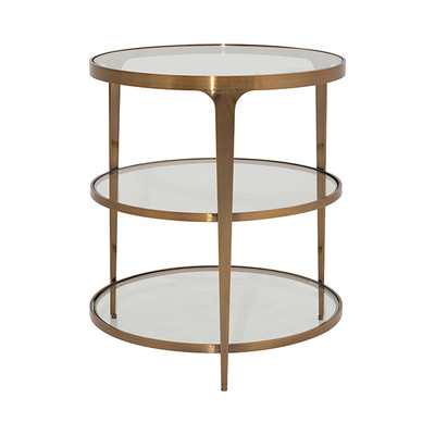 Worlds Away Three Tier Glass Top Round End Table - Antique Brass