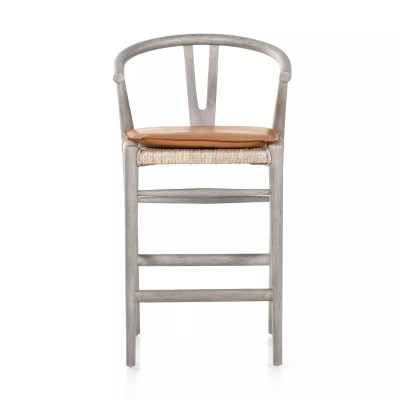 Four Hands Muestra Counter Stool - Weathered Grey - Whiskey Saddle