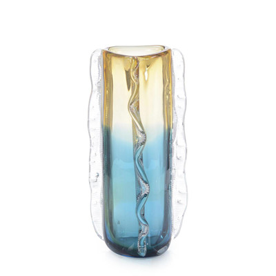 John Richard Blue And Yellow Rippled Handblown Glass Vase Ii