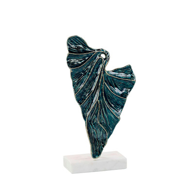 John Richard Standing Leaf Sculpture On Marble Base - Small Blue