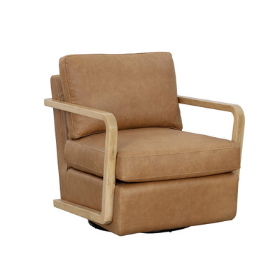 Sunpan Castell Swivel Lounge Chair - Rustic Oak - Ludlow Sesame Leather