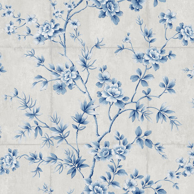 Seabrook Designs Great Wall Floral - Metallic Silver and Sky Blue