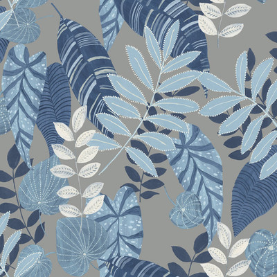 Seabrook Designs Tropicana Leaves - Metallic Gray, Sky Blue, and Champlain