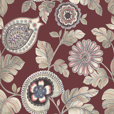 Seabrook Designs Calypso Paisley Leaf - Cabernet and Coral