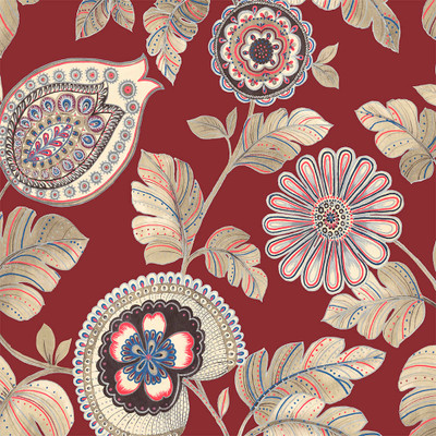 Seabrook Designs Calypso Paisley Leaf Fabric - Cabernet and Coral