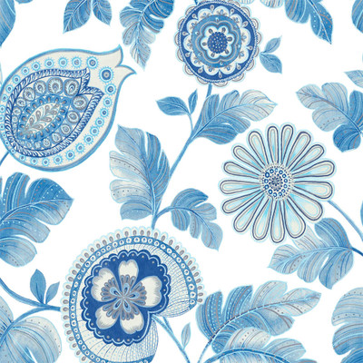 Seabrook Designs Calypso Paisley Leaf Fabric - Blue Oasis and Ivory