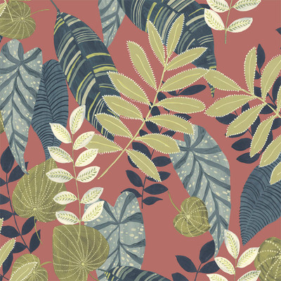 Seabrook Designs Tropicana Leaves Fabric - Redwood, Olive, and Washed Denim