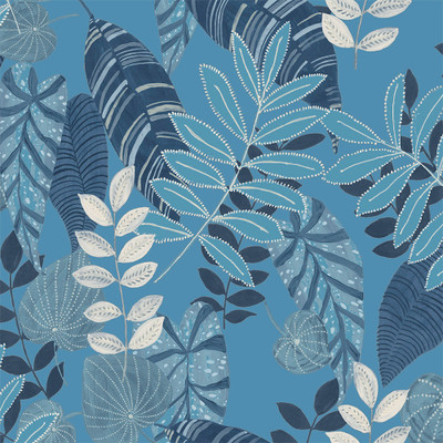 Seabrook Designs Tropicana Leaves Fabric - Sky Blue and Champlain
