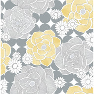NextWall Retro Floral - Yellow & Gray
