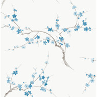 NextWall Cherry Blossom Floral - Pacific Blue & White