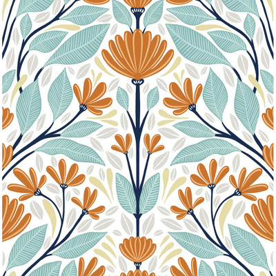 NextWall Folk Floral - Verdigris & Orange