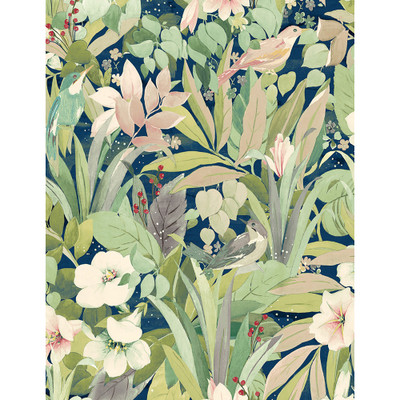 NextWall Blossoming Birds - Fern & Denim Blue