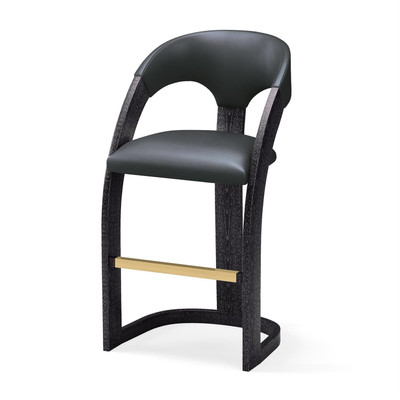 Global Views Delia Bar Stool - Ebony Cerused - Graphite Leather