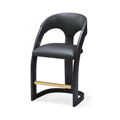 Global Views Delia Counter Stool - Ebony Cerused - Graphite Leather