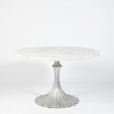 Global Views Flute Table 48 White Marble Top w - 26 Silver Leaf Base