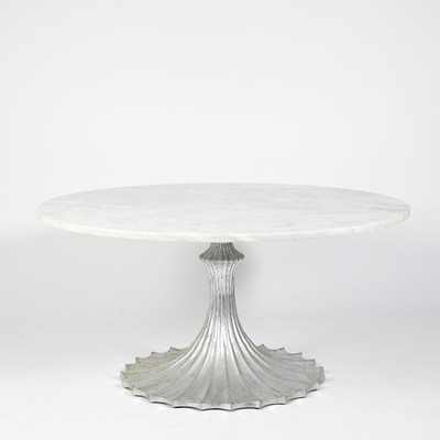 Global Views Flute Table 60 White Marble Top w - 34 Silver Leaf Base