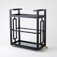 Global Views Grid Block Bar Cart - Black Lacquer with Shiny Brass Wheels