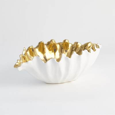 Global Views Organic Wave Oval Bowl - White - Gold - Sm