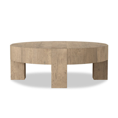 Four Hands Abaso Round Coffee Table 42" - Whitewash Rustic Wormwood Oak