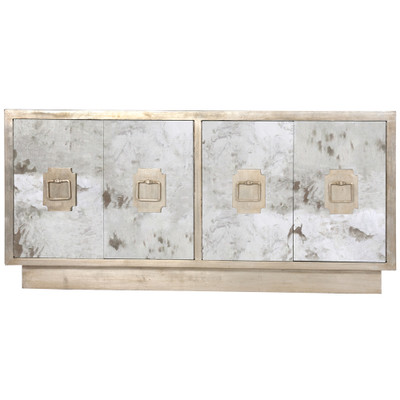 Ponti Antique Mirror 4-Door Entertainment Console With Champagne Silver Leaf Detailing