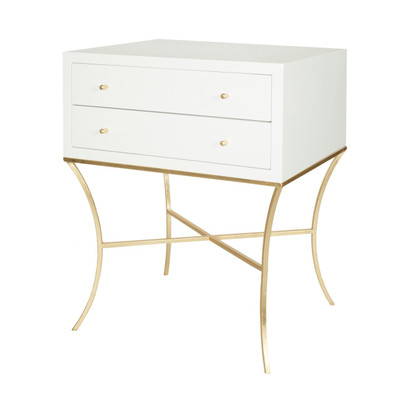 Elena Two Drawer Side Table In White Lacquer With Gold Leaf Base