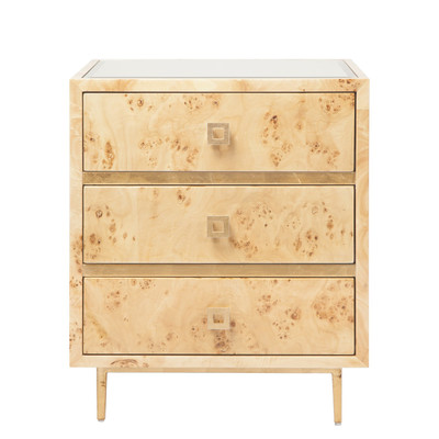 Worlds Away Hyde 3 Drawer Burl Wood Side Table With Gold Leaf Accents & Base