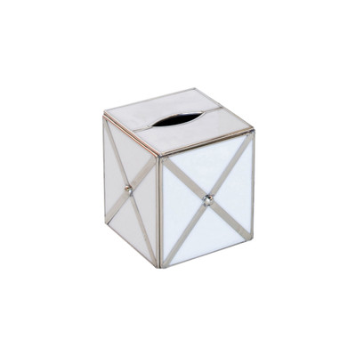 Kleenex Box White Glass With Silver Crosshatch