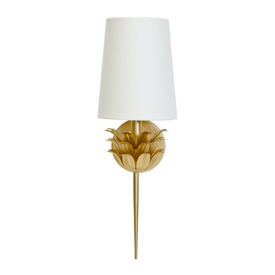 Delilah Gold Leaf One Arm Sconce With 3 Layer Leaf Motif & White Linen Shade