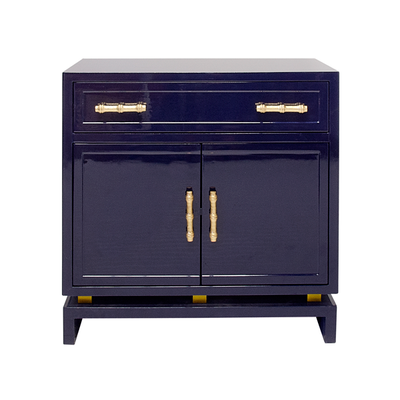 Marcus Navy Lacquer 1 Drawer, 2 Door Cabinet With Gold Leafed Bamboo Hardware And Gold Leafed Metal Detail
