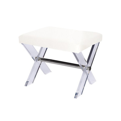 Dixon Lucite X Base Stool With Nickel Stretcher & White Linen Upholstered Cushion